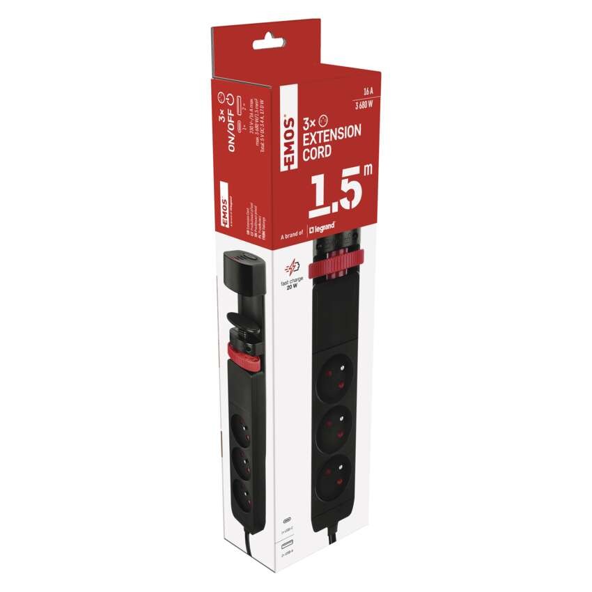 Przedłużacz 1,5 m/3 gniazda/przełącznik/uchwyt biurkowy/USB/czarny/PVC/1,5 mm2