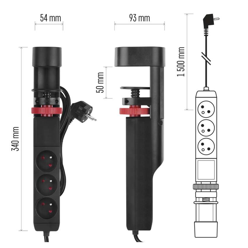 Przedłużacz 1,5 m/3 gniazda/przełącznik/uchwyt biurkowy/USB/czarny/PVC/1,5 mm2