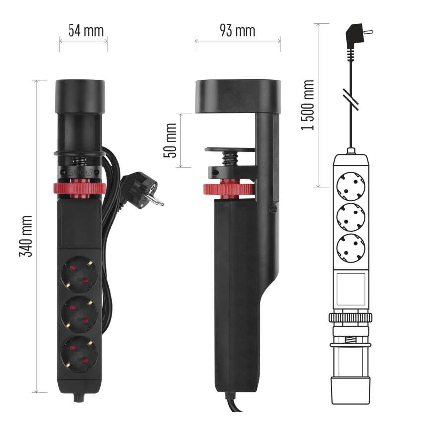 Verlängerungskabel 1,5m/3 Steckdosen/Schalter/Schreibtischmontage/USB/schwarz/PVC/1,5mm2 