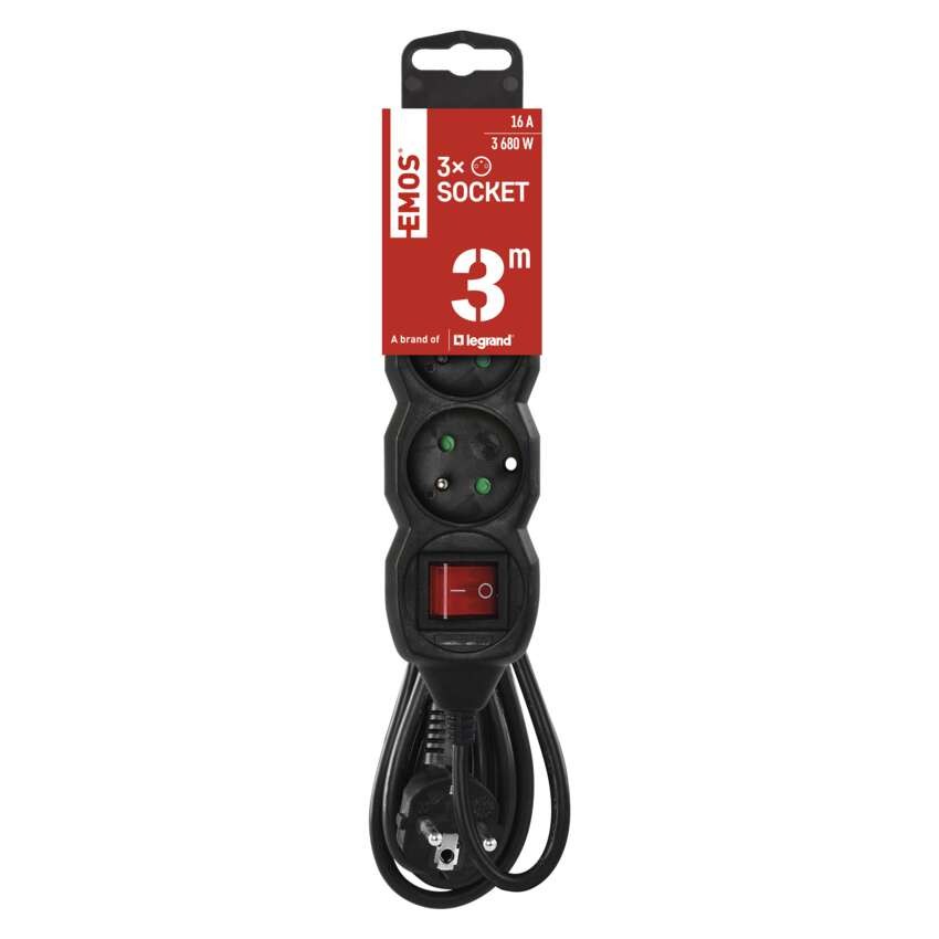 Prodlužovací kabel 3 m / 3 zásuvky / s vypínačem / černý / PVC / 1,5 mm2