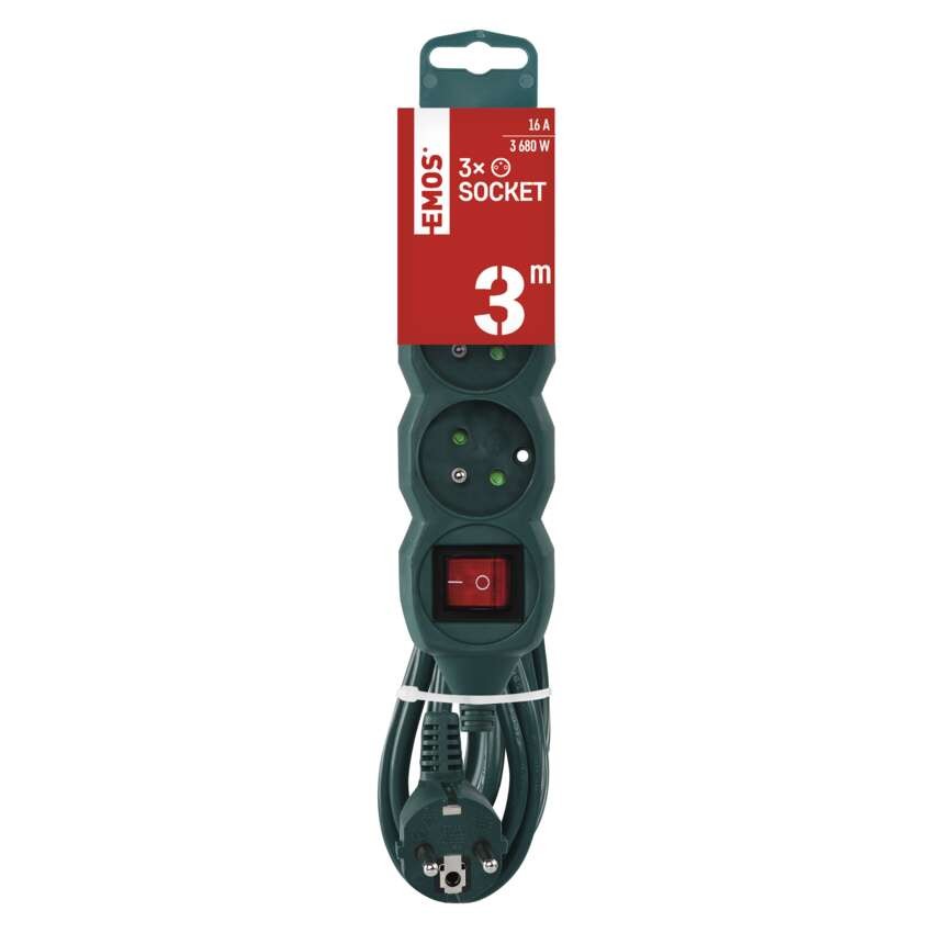 Prodlužovací kabel 3 m / 3 zásuvky / s vypínačem / zelený / PVC / 1,5 mm2