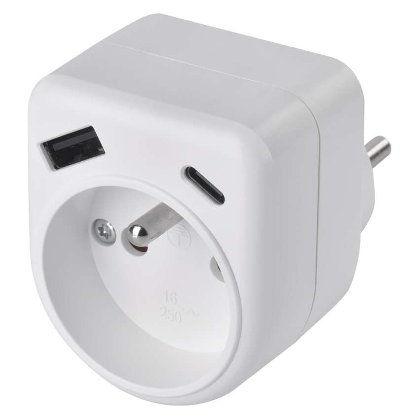 Rozbočovací zásuvka 1×, 1×USB-A+1×USB-C, bílá