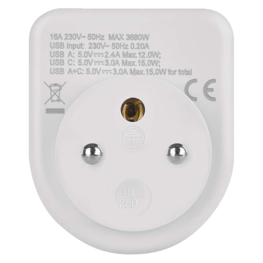 Rozbočovací zásuvka 1×, 1×USB-A+1×USB-C, bílá
