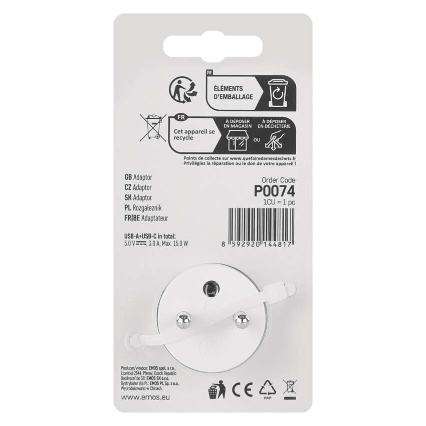 Rozbočovací zásuvka 1×, 1×USB-A+1×USB-C, bílá