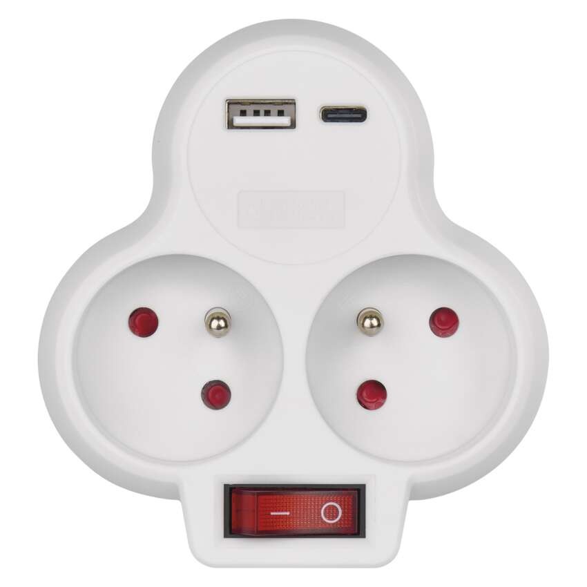 Rozbočovací zásuvka 2×, vyp., 1×USB-A+1×USB-C, bílá