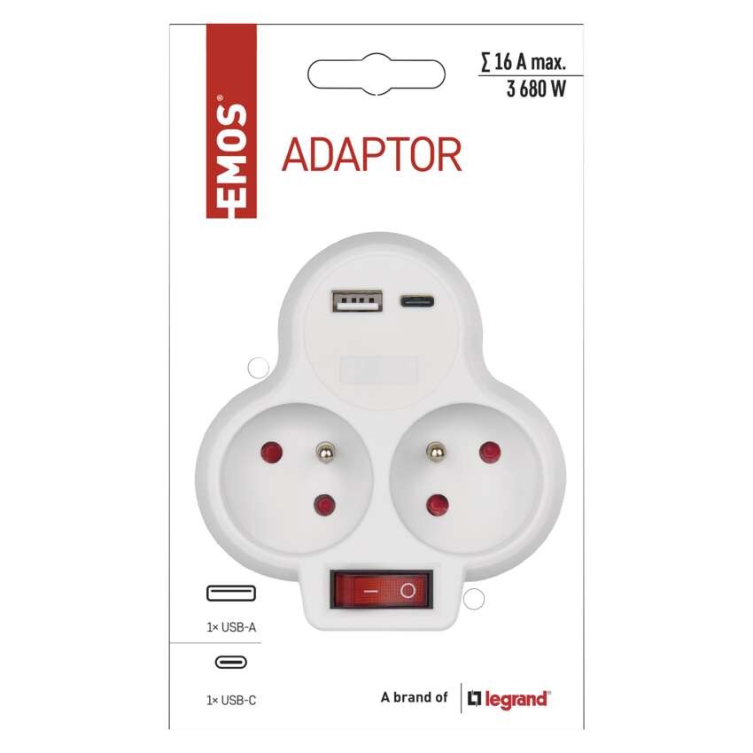 Rozbočovací zásuvka 2×, vyp., 1×USB-A+1×USB-C, bílá