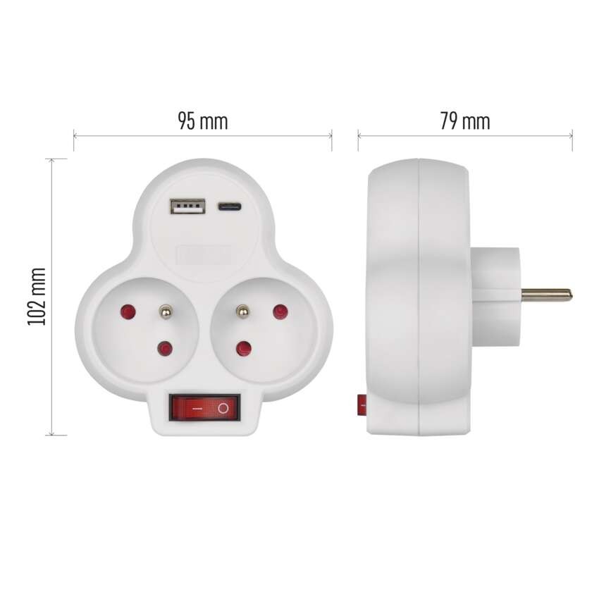 Rozbočovací zásuvka 2×, vyp., 1×USB-A+1×USB-C, bílá