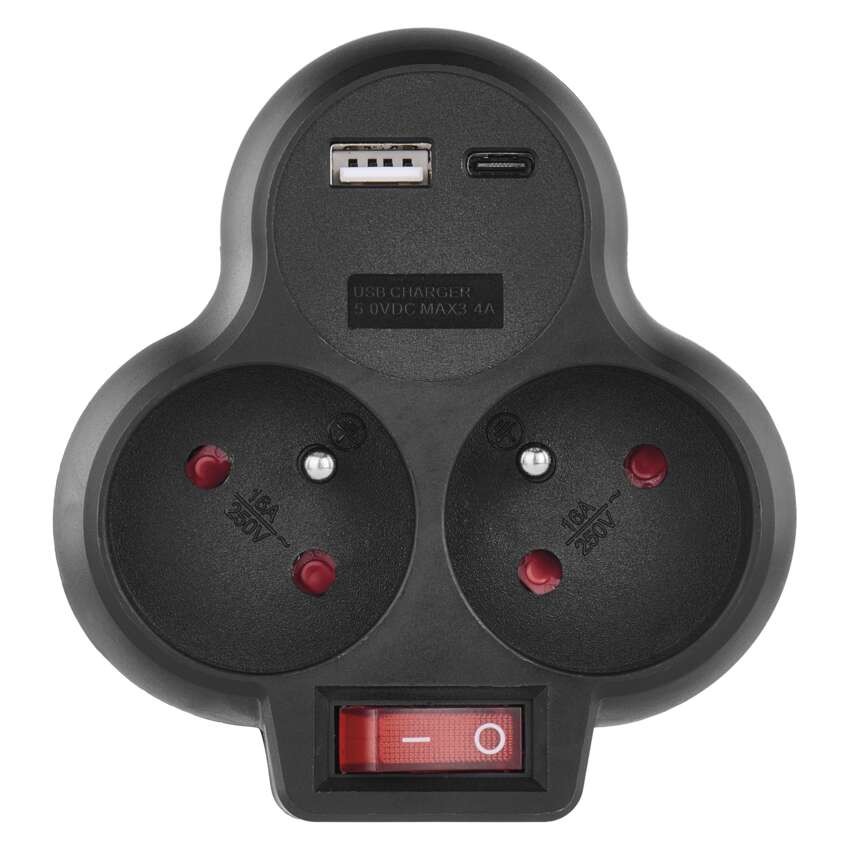 Rozbočovací zásuvka 2×, vyp., 1×USB-A+1×USB-C, černá