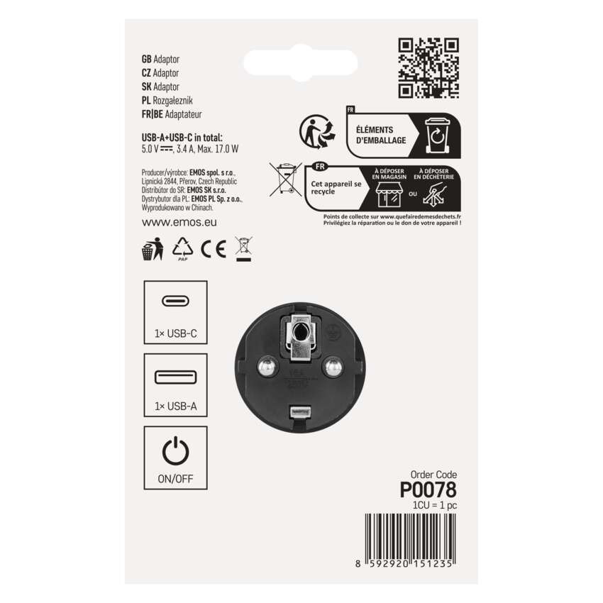 Rozbočovací zásuvka 2×, vyp., 1×USB-A+1×USB-C, černá