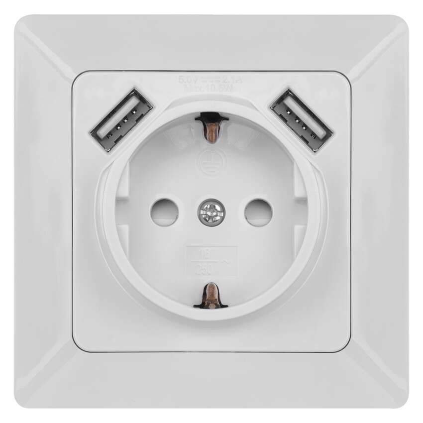 Vtičnica z USB 2,1A max., schuko, bela