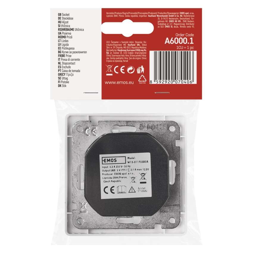 Vtičnica z USB 2,1A max., schuko, bela