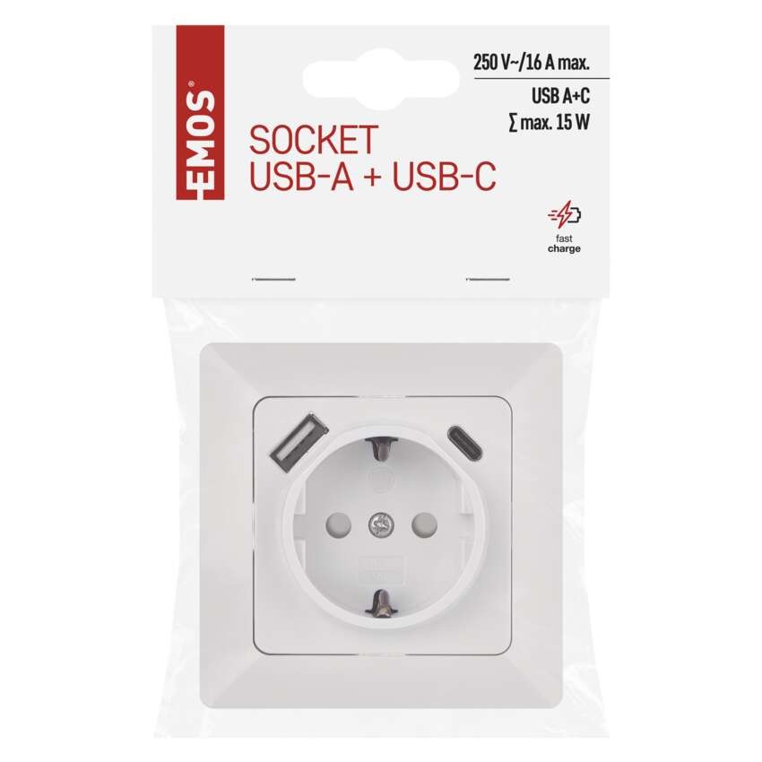 Lizdas su USB-A+C 2,1 A maks., baltas 