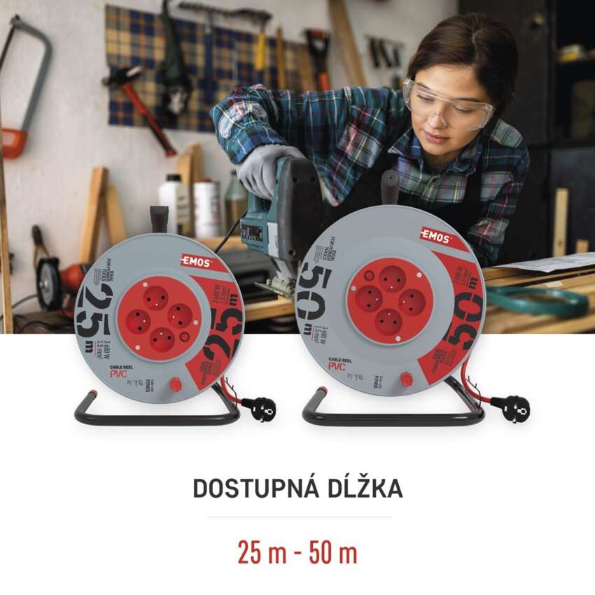 Predlžovací kábel na bubne 25 m / 4 zásuvky / červený / PVC / 230 V / 1,5 mm2