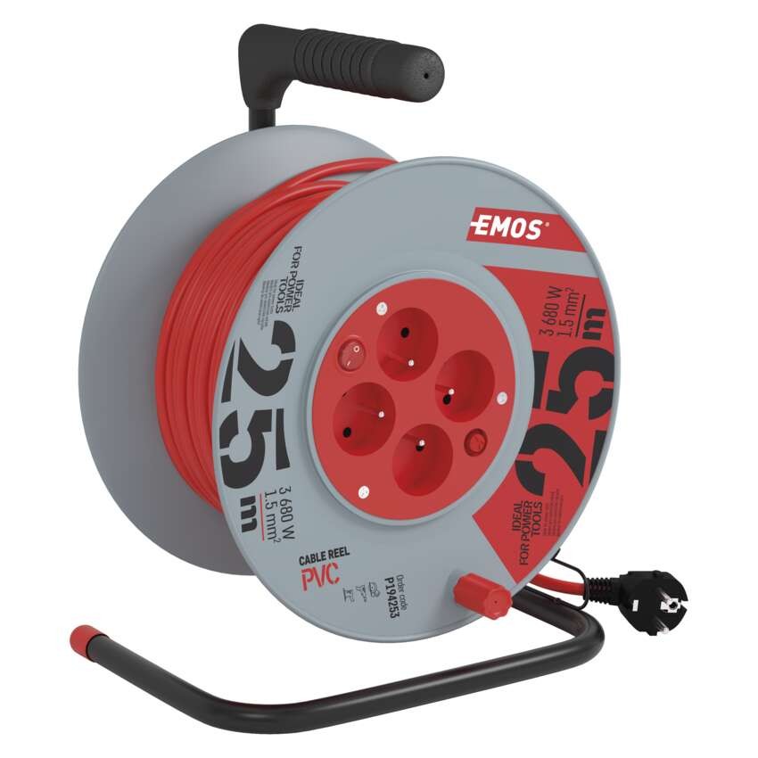 Prodlužovací kabel na bubnu 25 m / 4 zás. / s vypínačem / červený / PVC / 230V / 1,5 mm2