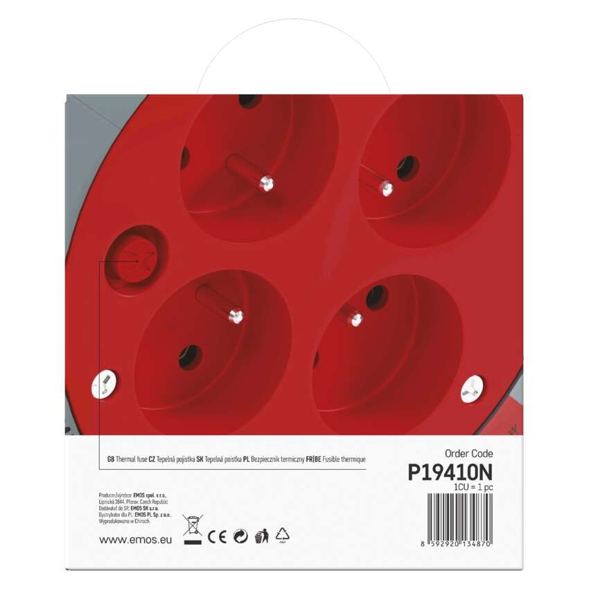 Przedłużacz zwijany 10 m / 4 gniazda / czerwony / PVC / 230 V / 1 mm2