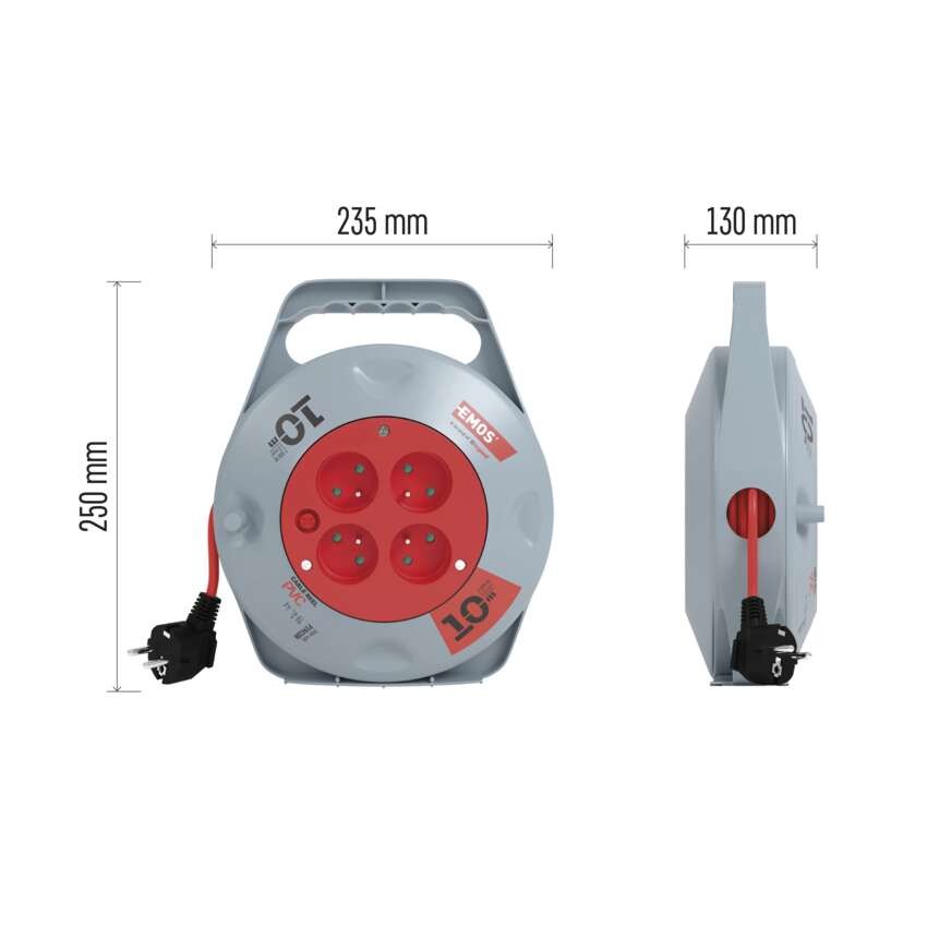 Przedłużacz zwijany 10 m / 4 gniazda / czerwony / PVC / 230 V / 1 mm2