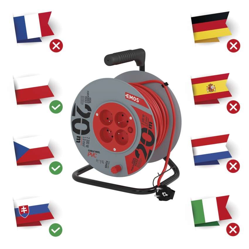 Przedłużacz bębnowy 20 m / 4 gniazda / czerwony / PVC / 230 V / 1 mm2