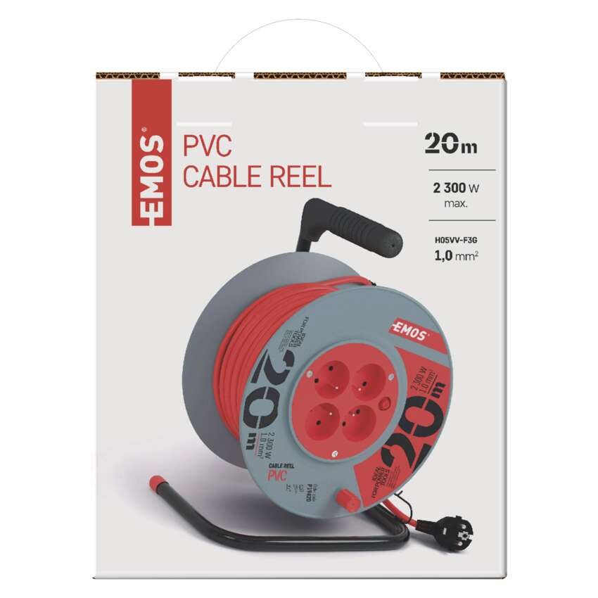 Przedłużacz bębnowy 20 m / 4 gniazda / czerwony / PVC / 230 V / 1 mm2