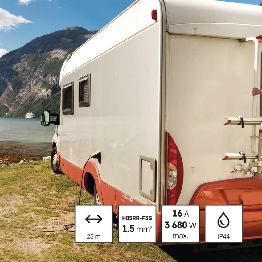 Vonkajší predlžovací kábel na bubne 25 m / 4 zásuvky / čierny / guma / 230 V / 1,5 mm2