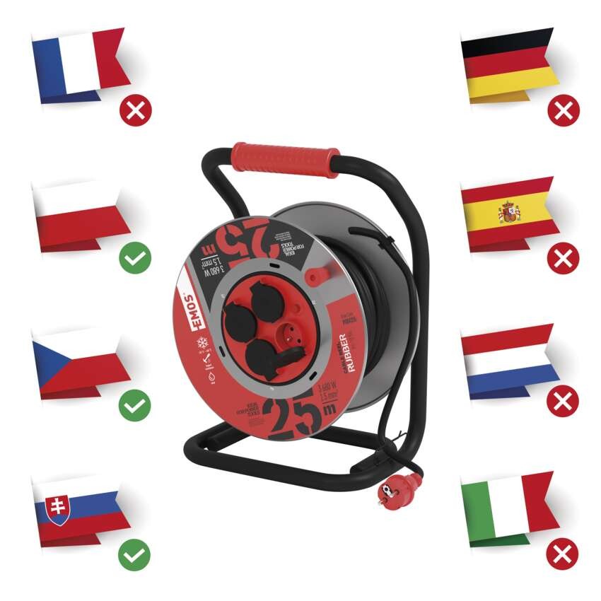Vonkajší predlžovací kábel na bubne 25 m / 4 zásuvky / čierny / guma / 230 V / 1,5 mm2