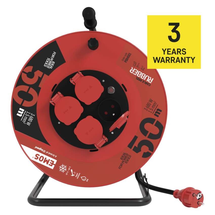 Przedłużacz bębnowy ogrodowy 50 m / 4 gniazda / czarny / guma / 230 V / 1,5 mm2