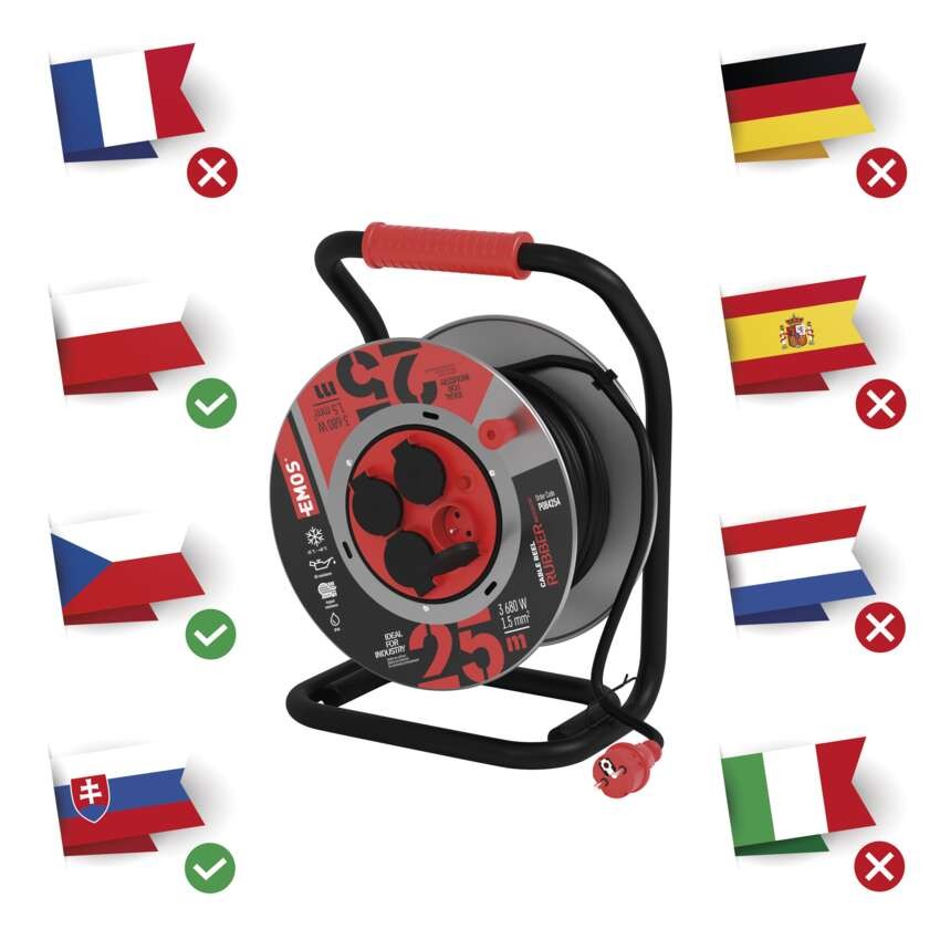 Venkovní prodlužovací kabel na bubnu 25 m / 4 zás. / černý / guma-neopren / 230V / 1,5 mm2