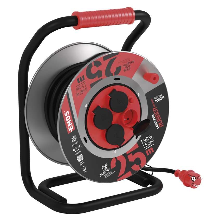 Venkovní prodlužovací kabel na bubnu 25 m / 4 zás. / černý / guma-neopren / 230V / 1,5 mm2