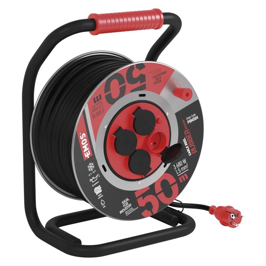 Venkovní prodlužovací kabel na bubnu 50 m / 4 zás. / černý / guma-neopren / 230V / 1,5 mm2