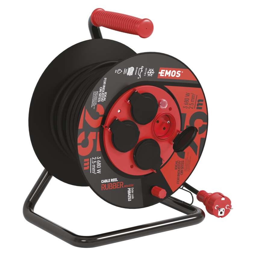 Venkovní prodlužovací kabel na bubnu 25 m / 4 zás. / černý / guma-neopren / 230V / 2,5 mm2