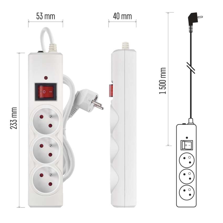 Přepěťová ochrana – 3 zásuvky, 1,5 m, bílá