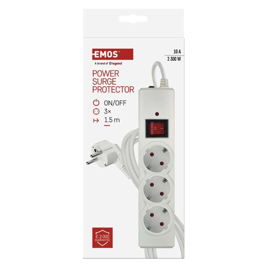 EMOS Túlfeszültségvédő 3 aljzat, 1,5 m, fehér