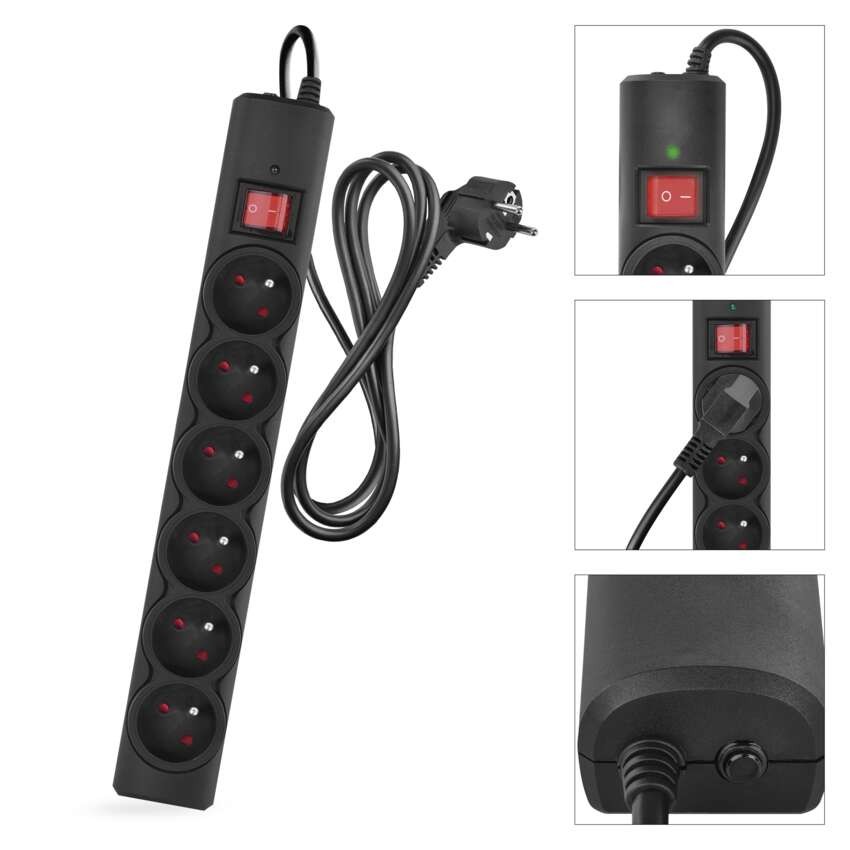 Přepěťová ochrana – 6 zásuvek, 1,5 m, černá