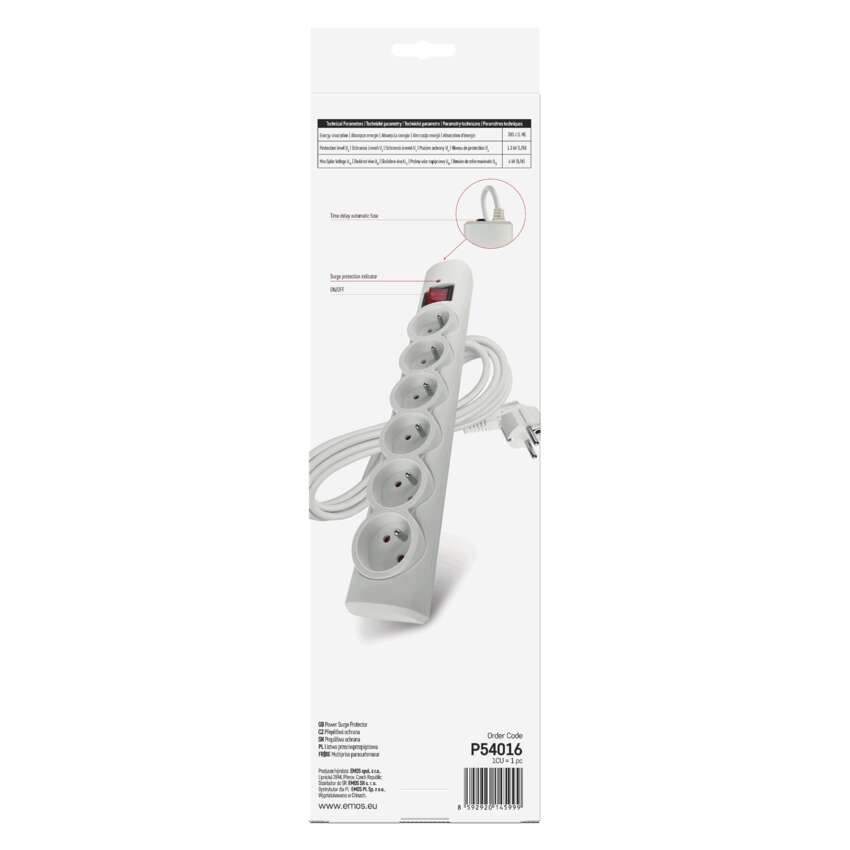 Přepěťová ochrana – 6 zásuvek, 3 m, bílá