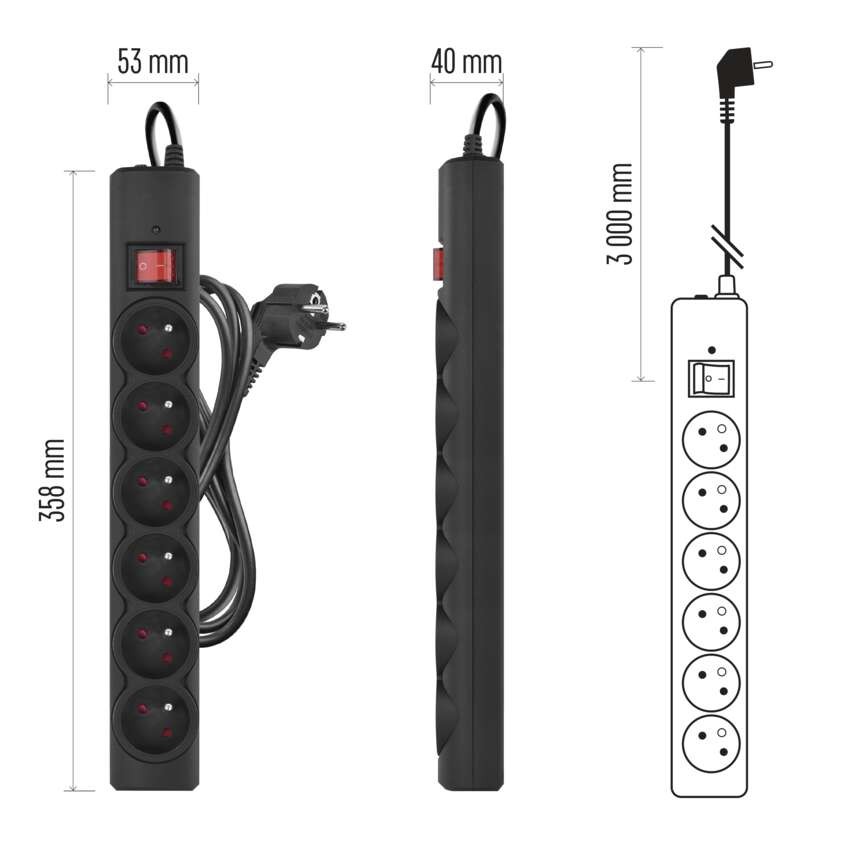 Přepěťová ochrana – 6 zásuvek, 3 m, černá