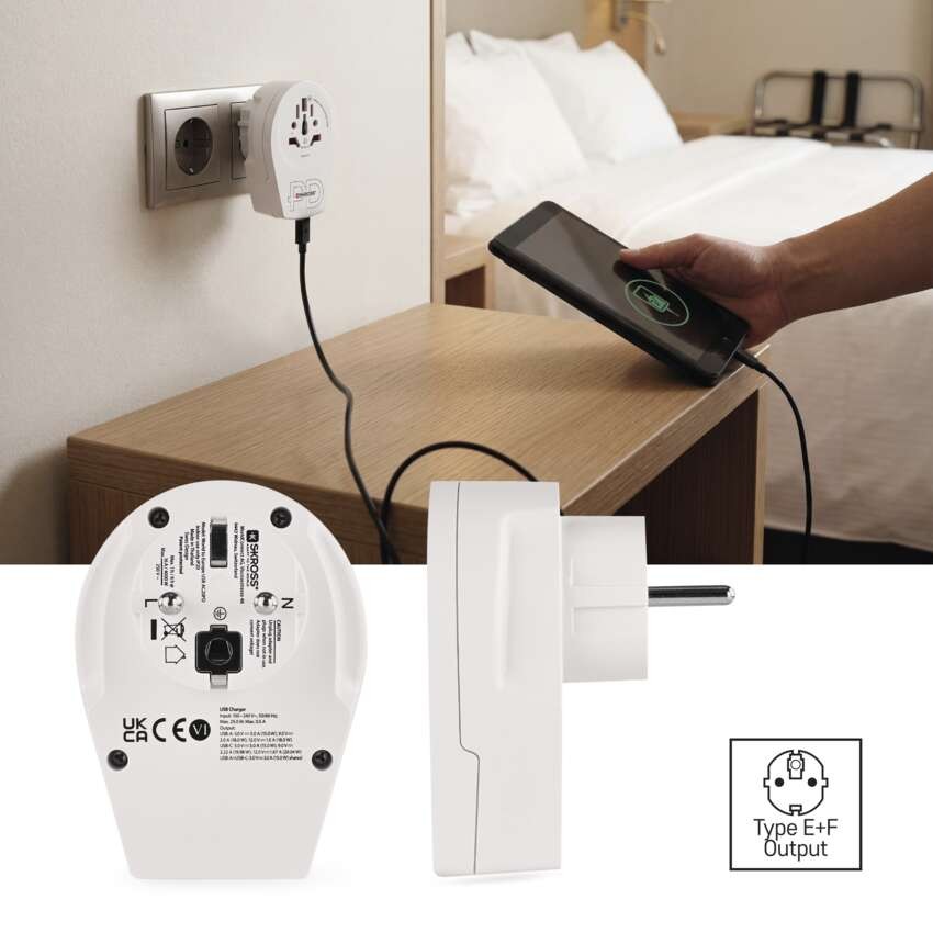 Cestovný univerzálny adaptér pre cudzincov do strednej Európy, 1×USB-C, 1×USB-A