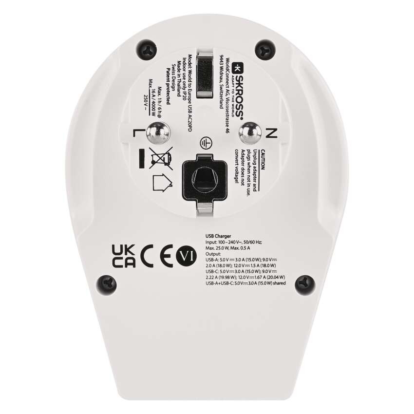 Cestovný univerzálny adaptér pre cudzincov do strednej Európy, 1×USB-C, 1×USB-A