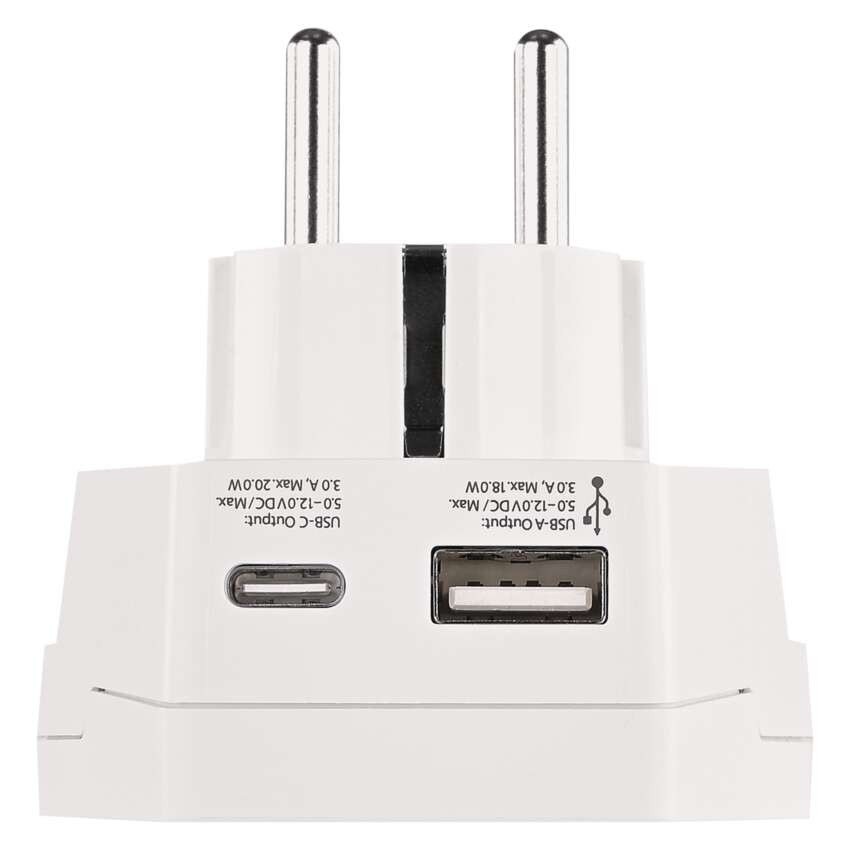 Cestovný univerzálny adaptér pre cudzincov do strednej Európy, 1×USB-C, 1×USB-A