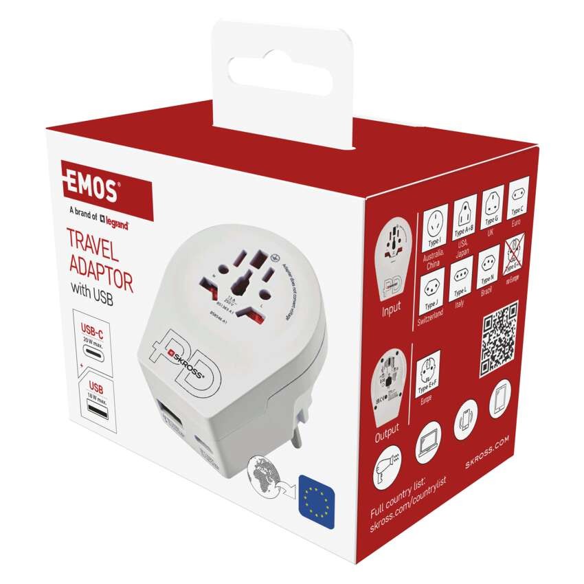 Cestovný univerzálny adaptér pre cudzincov do strednej Európy, 1×USB-C, 1×USB-A