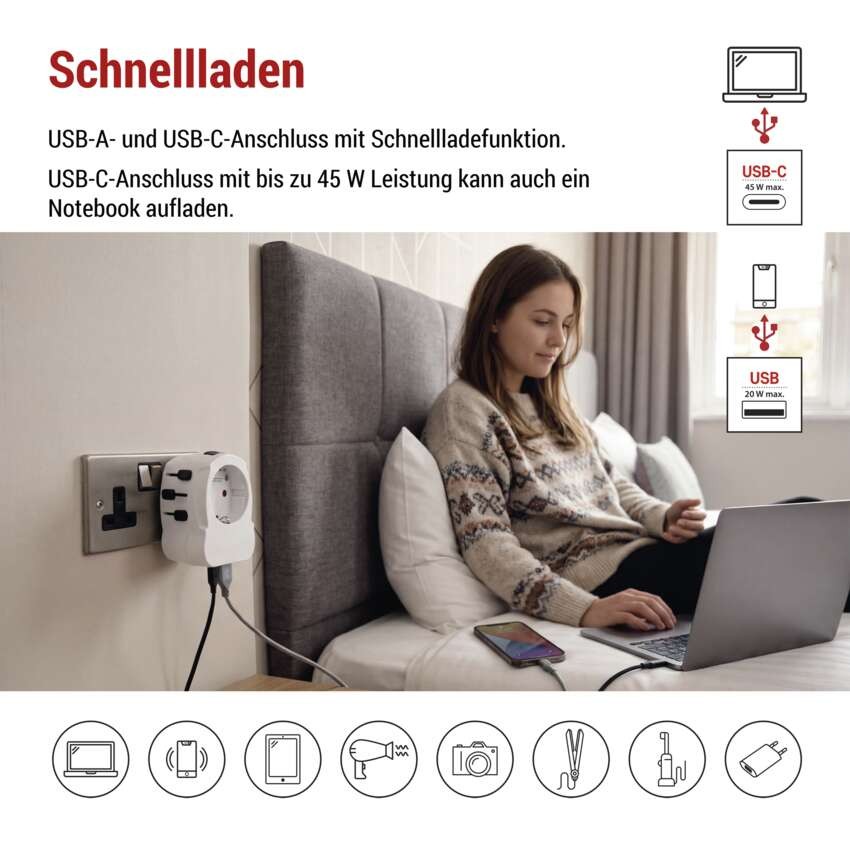 Universal Reiseadapter für Ausland – Amerika, Asien, Afrika, 1×USB-C, 1×USB-A