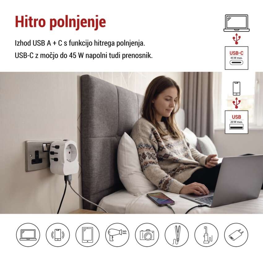 Potovalni adapter P0056U, 1×USB-C, 1×USB-A