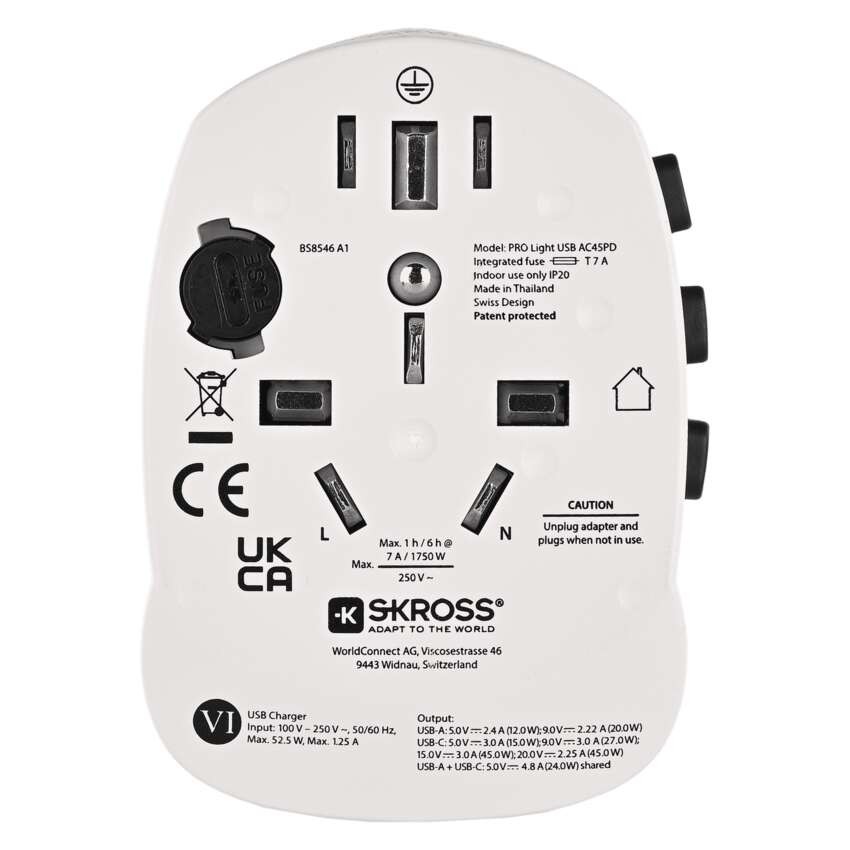 Universal Reiseadapter für Ausland – Amerika, Asien, Afrika, 1×USB-C, 1×USB-A