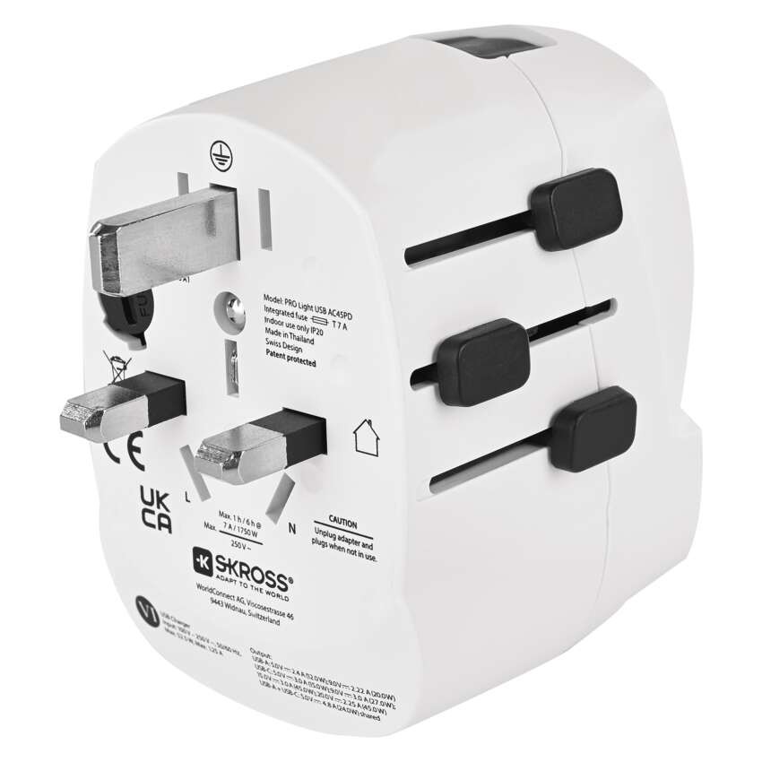 Universal Reiseadapter für Ausland – Amerika, Asien, Afrika, 1×USB-C, 1×USB-A