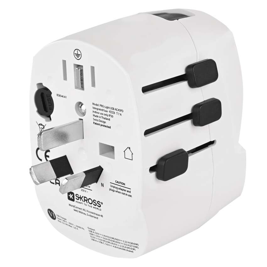 Universal Reiseadapter für Ausland – Amerika, Asien, Afrika, 1×USB-C, 1×USB-A