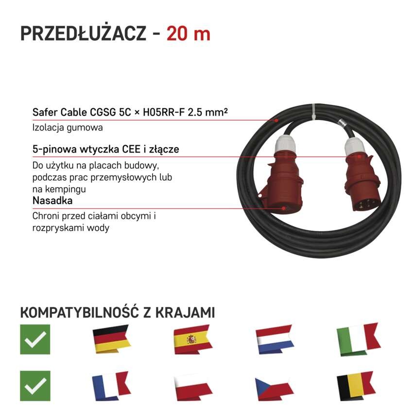 Przedłużacz 3-fazowy ogrodowy 20 m / 1 gniazdo / czarny / guma / 400 V / 2,5 mm2