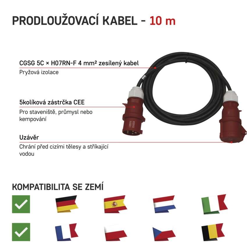 3 fázový venkovní prodlužovací kabel 10 m / 1 zásuvka / černý / guma / 400 V / 4 mm2