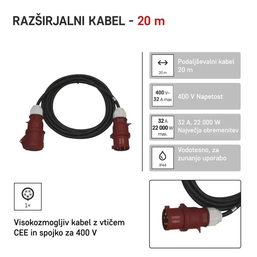 3 fazni zunanji podaljšek 20 m / 1 vtičnica / črni / guma / 400 V / 4 mm2
