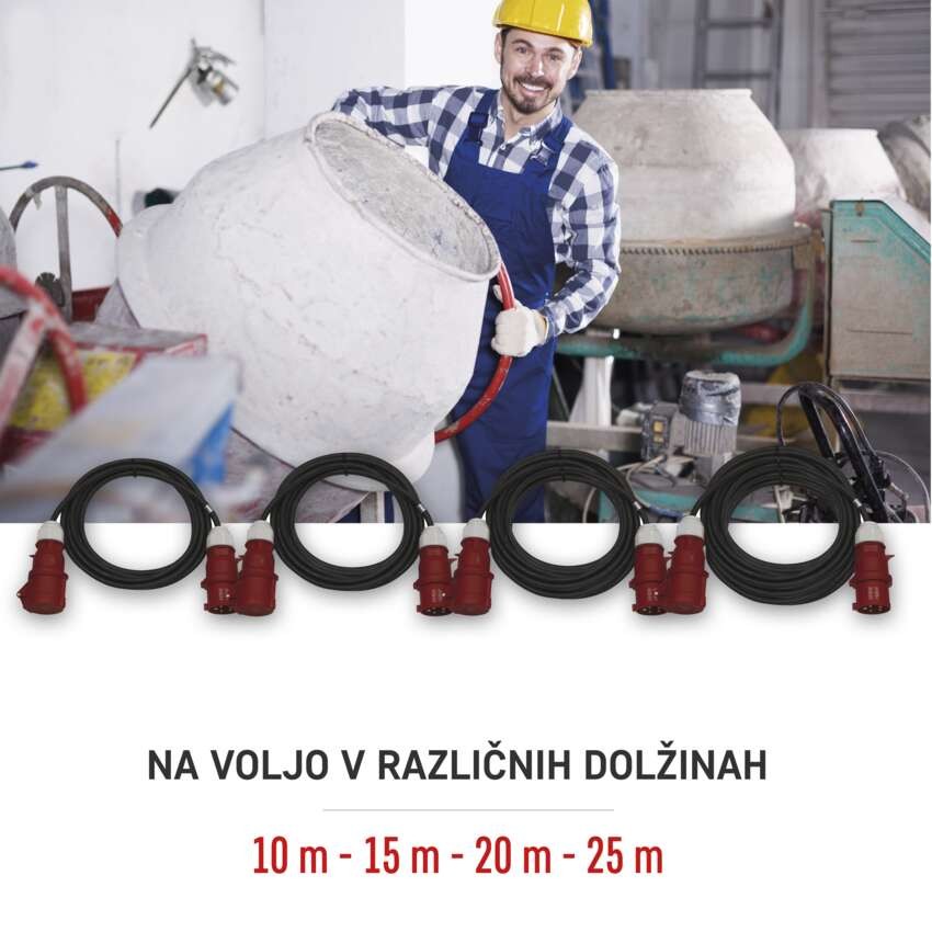 3 fazni zunanji podaljšek 20 m / 1 vtičnica / črni / guma / 400 V / 4 mm2