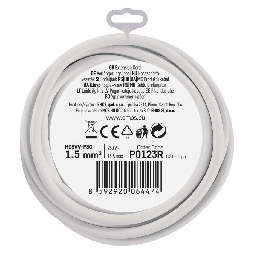 Hosszabbító 3 m / 1 aljzat / fehér / PVC / 1,5 mm2