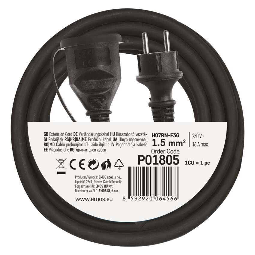 Verlängerungskabel 5 m / 1 Steckdose / schwarz / Gummi-Neopren / 250 V / 1,5 mm2