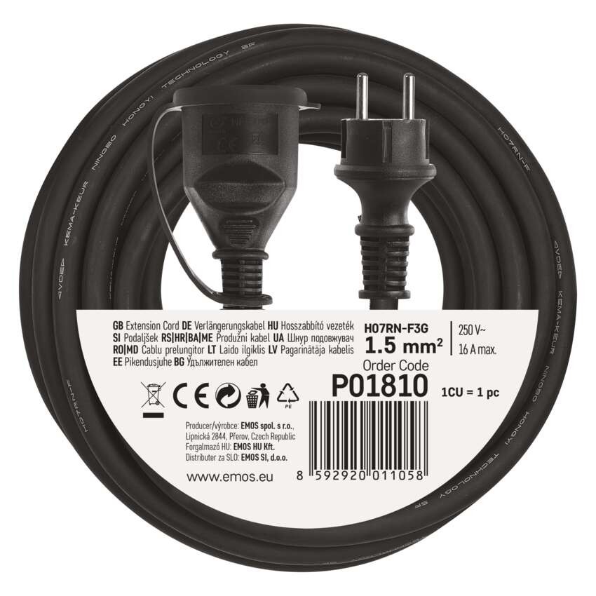 Verlängerungskabel 10 m / 1 Steckdose / schwarz / Gummi-Neopren / 250 V / 1,5 mm2